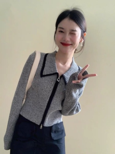Contrast color lapel knitted cardigan zipper jacket for women 2024 autumn and winter new slim fit sweater long-sleeved top