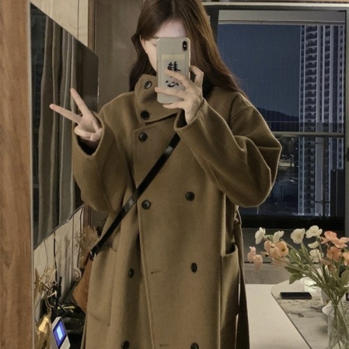 Korean double-breasted woolen coat for women autumn and winter 2024 new style foreign style loose mid-length woolen coat