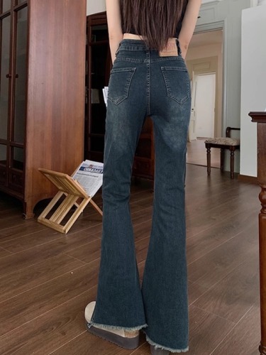 Narrow version of micro-flared jeans for women in autumn new style raw edge design for fat girls mm high waist slim covering span flared pants