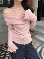 NIUGUGU pure desire off-the-shoulder fake two-piece trumpet sleeve women's early autumn sexy temperament slim long-sleeved T-shirt