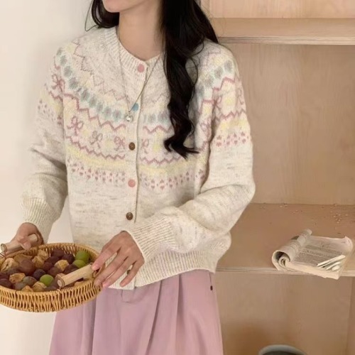 Korean Version Color Block Embroidered Knit Cardigan for Women Loose Short Sleeve Lazy Style Outerwear Top Autumn and Winter New Sweater Jacket