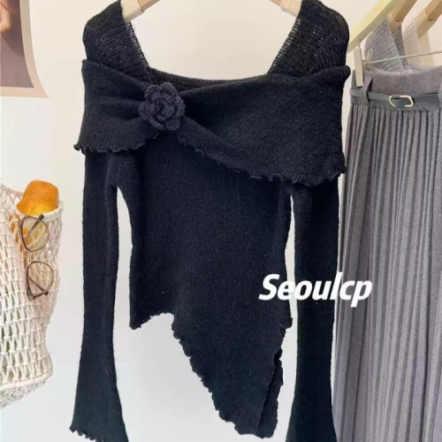 French style floral off-shoulder sweater for women with irregular design, slim waist and bell sleeve top for winter