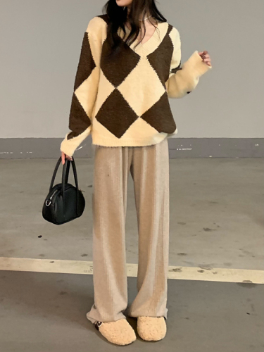 Three-label multi-color casual wide-leg pants with elastic waist and straight trousers