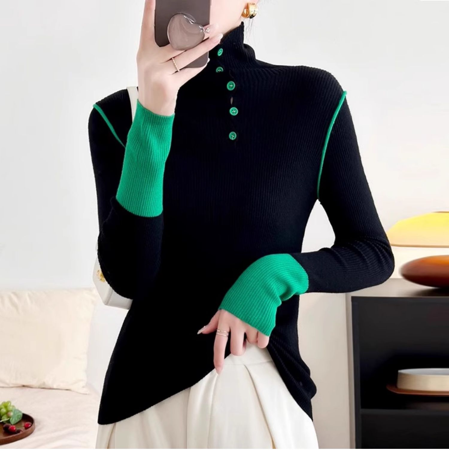 2024 autumn and winter new style inner design high collar stitching contrasting color long-sleeved single-breasted knitted bottoming shirt for women