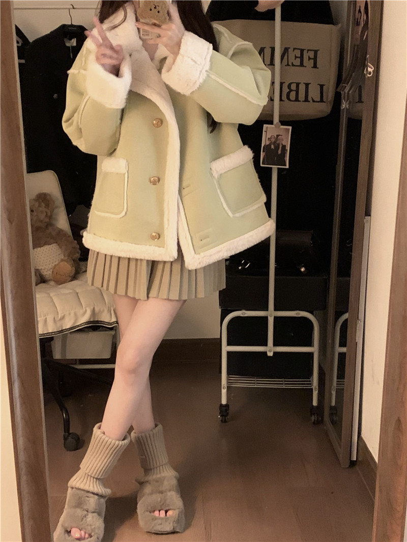 Actual shot ~ Winter retro deerskin velvet spliced ​​fur all-in-one jacket for women, loose, warm and thickened motorcycle jacket