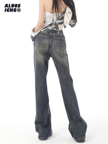 Plus velvet style American retro blue high-waisted bootcut jeans for women new autumn loose slimming non-leg flared jeans