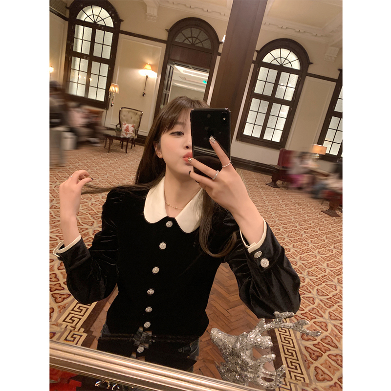 South Korean velvet doll collar shirt for women, high-end fashion lady tops for women