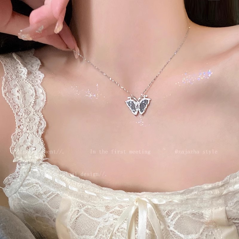 清冷風冰晶鋯石蝴蝶項鍊女輕奢小眾高級感鎖骨鏈網紅同款頸鏈