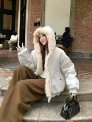 Real shot of lazy style American street hooded short jacket unisex style fur collar cotton jacket street warm cotton jacket