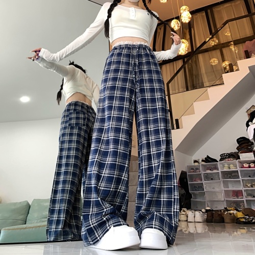 Lace Plaid Casual Pants Women's Autumn and Winter New Brushed Navy Blue Design Loose Wide Leg Pants