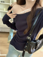 Pure desire off-shoulder lace patchwork fake two-piece long-sleeved top