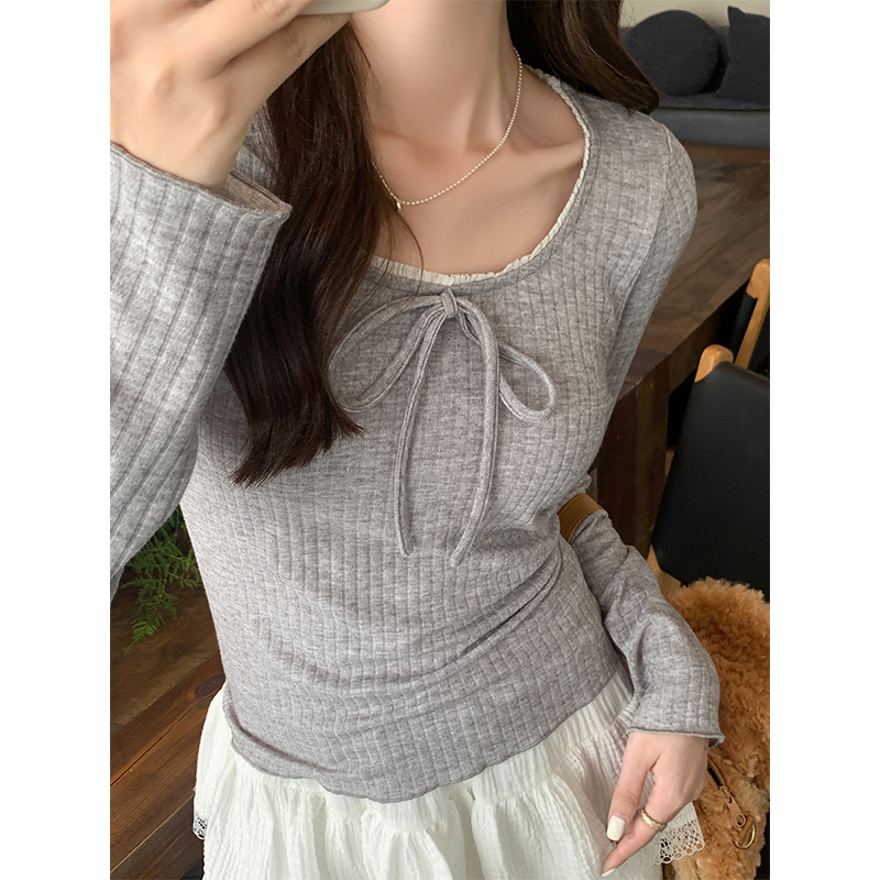 Real shot of pure lust lace bow tie long-sleeved T-shirt for women in autumn with slim and sweet bm top
