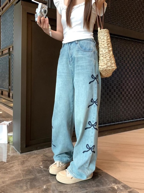 American high street bow embroidered jeans for women 2024 new design wide leg loose floor mopping trousers
