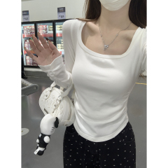Actual shot of autumn and winter Korean style temperament square collar slim pleated design versatile cashmere long-sleeved bottoming T-shirt top