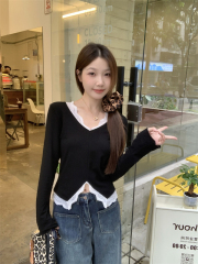 Large size design splicing lace V-neck long-sleeved T-shirt autumn waist slimming top