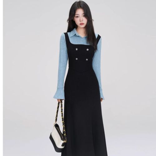 Half mouth fairy college style commuter splicing contrast dress autumn and winter new fake two-piece lapel knitted skirt