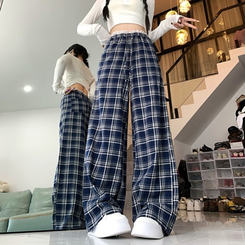 Lace Plaid Casual Pants Women's Autumn and Winter New Brushed Navy Blue Design Loose Wide Leg Pants