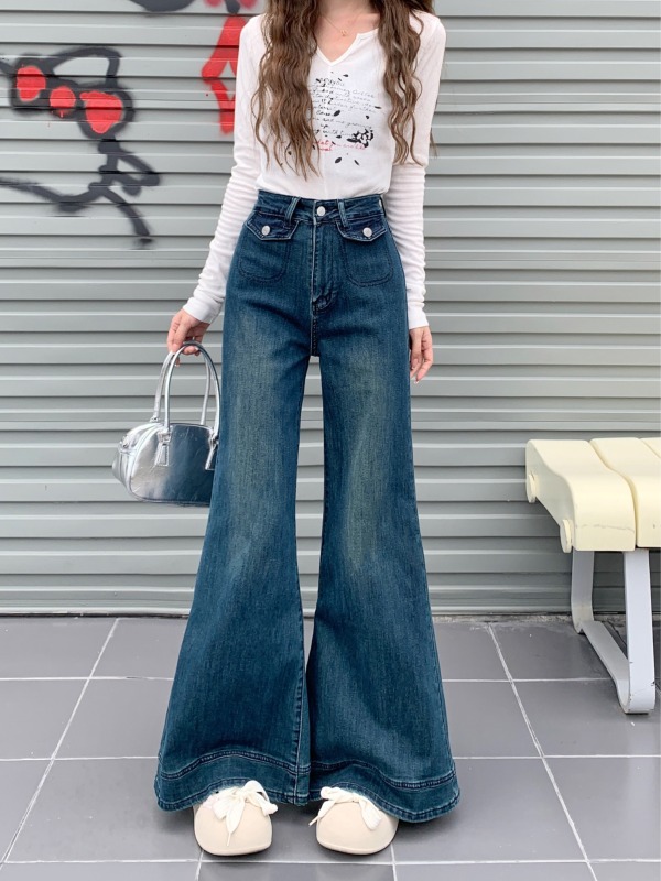 Retro design high-waisted slimming straight-leg bootcut floor-sweeping pants