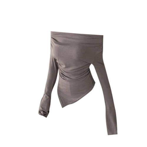Official picture of high-elastic ribbed German velvet slope-neck off-shoulder long-sleeved T-shirt irregular slim fit top