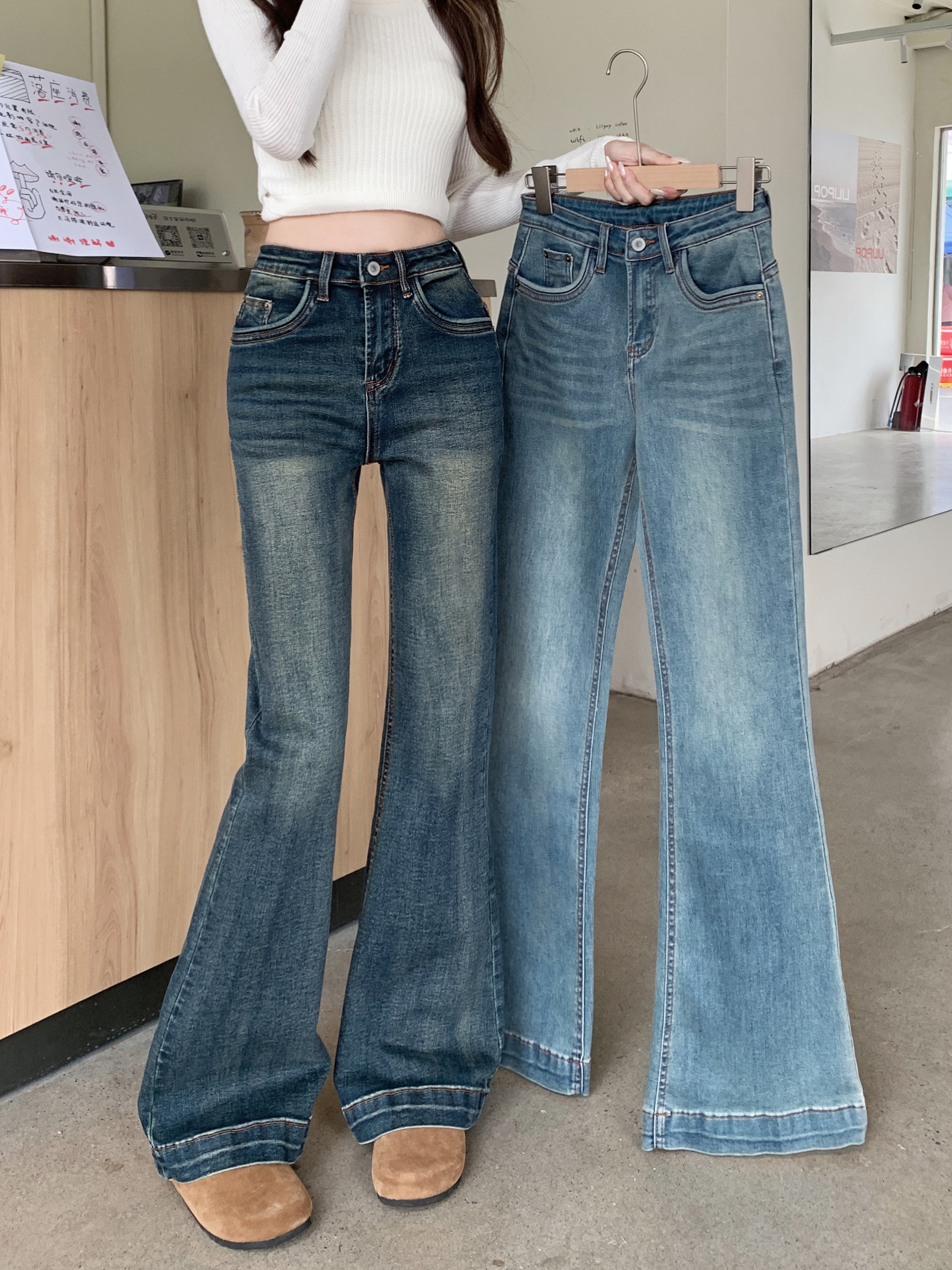 Actual shot of new autumn and winter retro hottie high-waisted elastic bootcut jeans