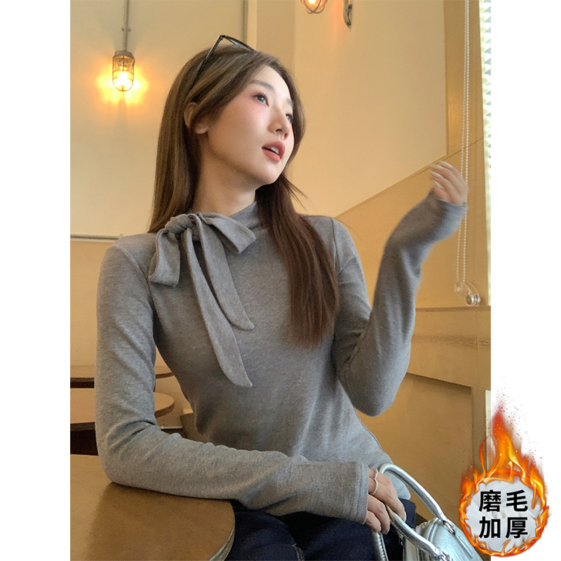 Real shot of designed bow-tie brushed long-sleeved bottoming shirt for women in autumn and winter tight slimming bm top