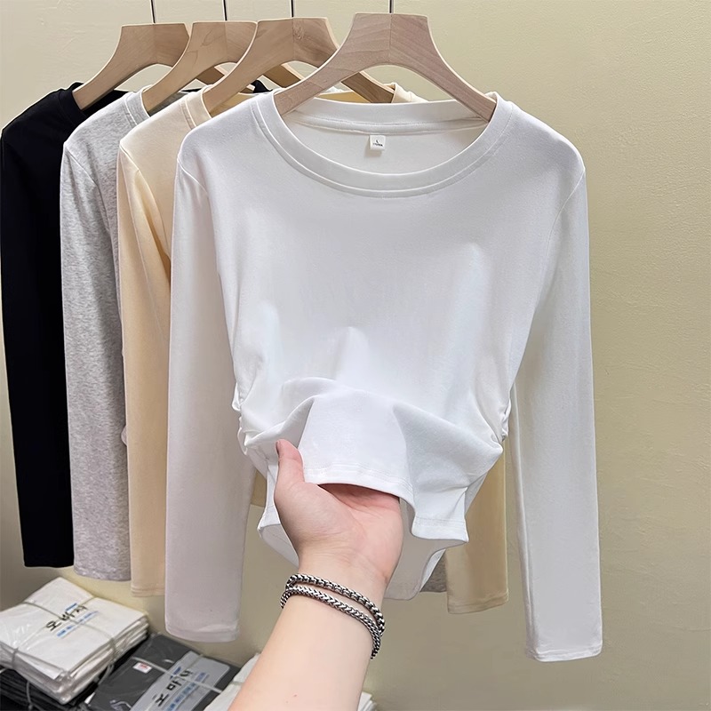 Real shot of autumn and winter new slim-fit pleated solid color long-sleeved 92 cotton 8 spandex 220g T-shirt women's bottoming shirt