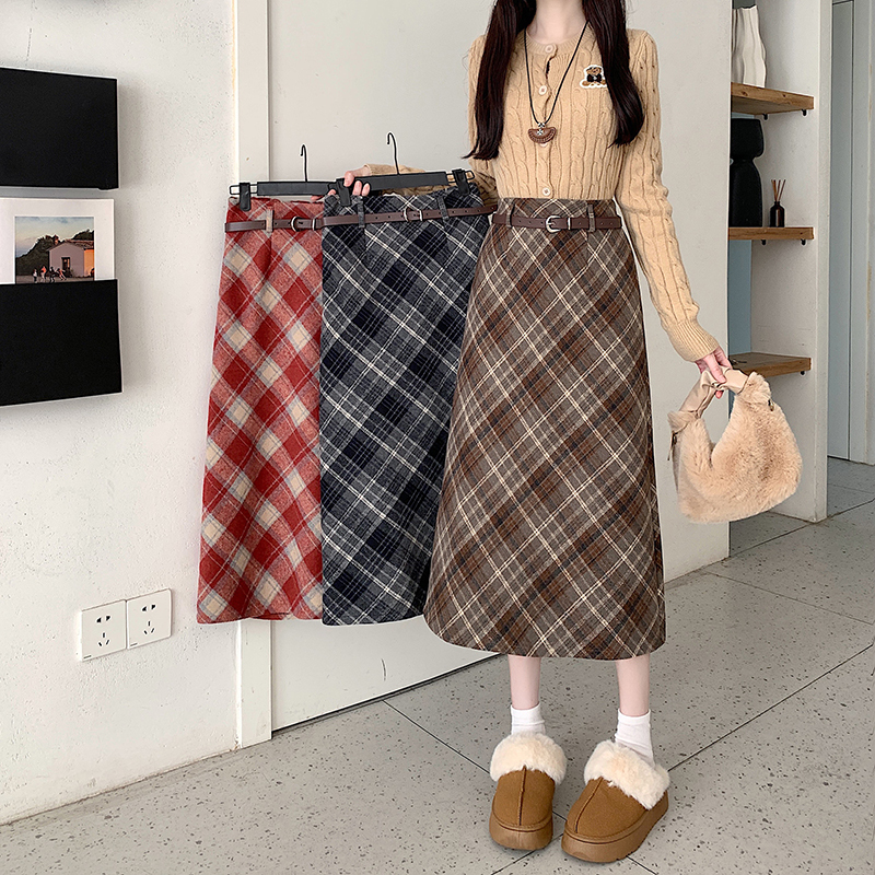 Plus size fat girl~Winter Korean style woolen belt high waist long skirt chi plaid mid length skirt for women