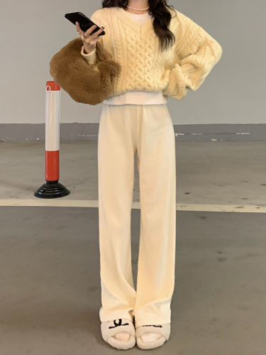 Three-label multi-color casual wide-leg pants with elastic waist and straight trousers