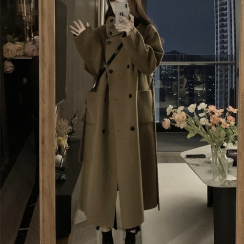 Korean double-breasted woolen coat for women autumn and winter 2024 new style foreign style loose mid-length woolen coat