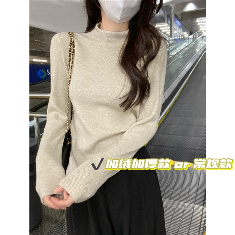Real shot of one-piece thickened velvet-regular half turtleneck solid color knitted sweater for women plus velvet warm base layer