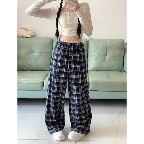 Lace Plaid Casual Pants Women's Autumn and Winter New Brushed Navy Blue Design Loose Wide Leg Pants