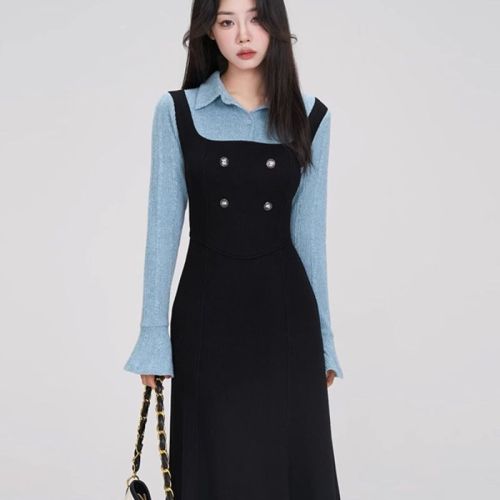 Half mouth fairy college style commuter splicing contrast dress autumn and winter new fake two-piece lapel knitted skirt