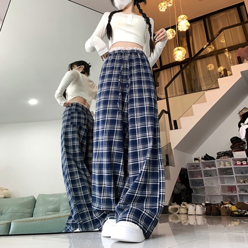 Lace Plaid Casual Pants Women's Autumn and Winter New Brushed Navy Blue Design Loose Wide Leg Pants