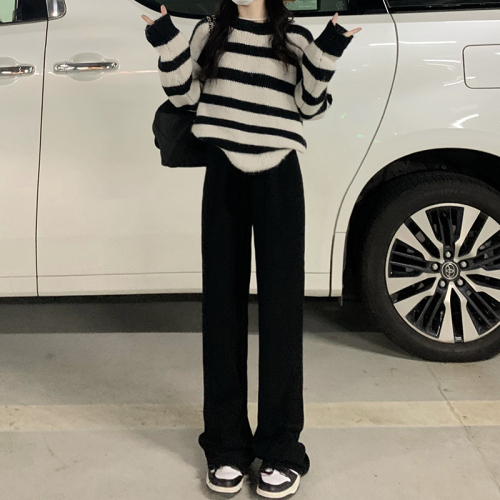 Three-label multi-color casual wide-leg pants with elastic waist and straight trousers