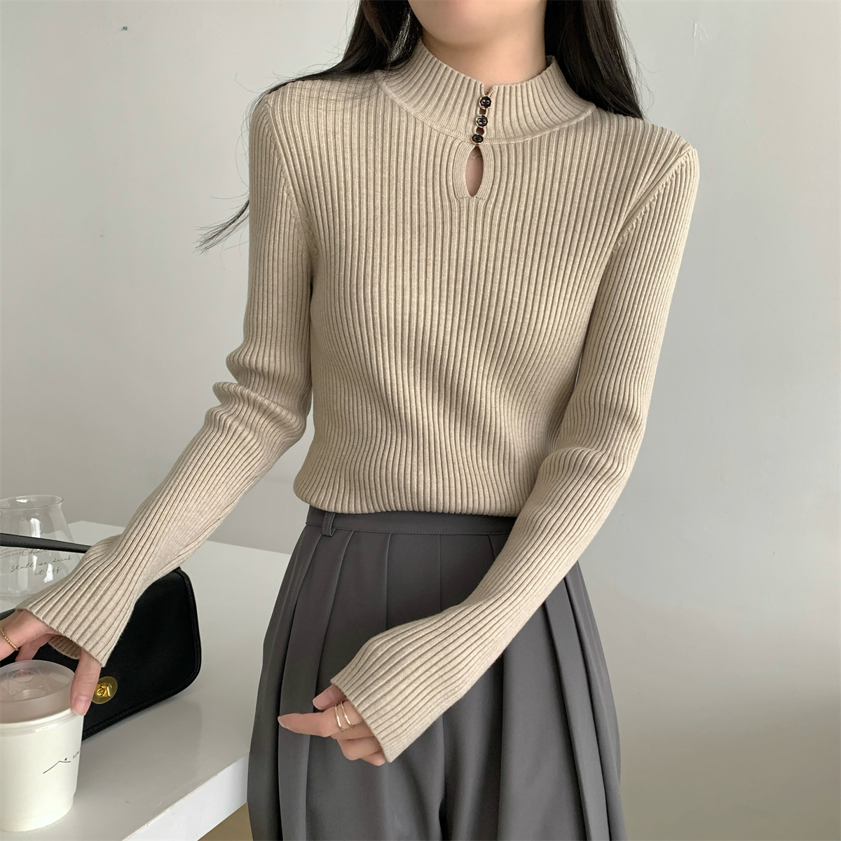 Actual shot of autumn and winter Korean style half turtleneck button-down temperament slim andy velvet sweater bottoming long-sleeved sweater