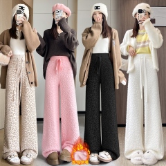Real shot of plus velvet and thickened mink velvet leopard print knitted wide leg pants for women 2024 autumn and winter slimming high waist drape casual pants