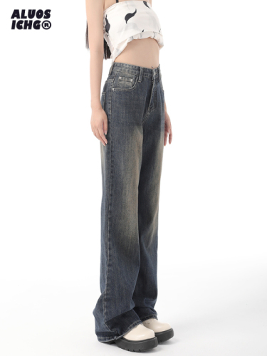 Plus velvet style American retro blue high-waisted bootcut jeans for women new autumn loose slimming non-leg flared jeans