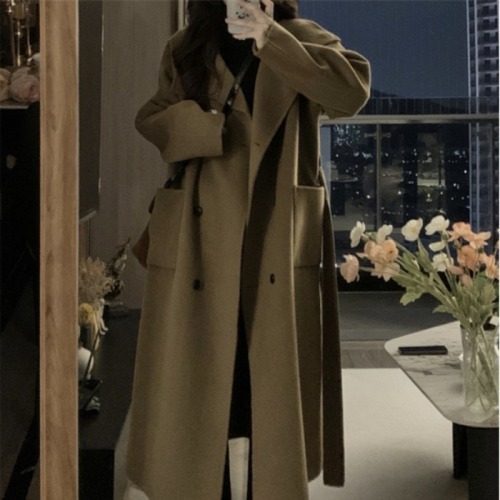 Korean double-breasted woolen coat for women autumn and winter 2024 new style foreign style loose mid-length woolen coat