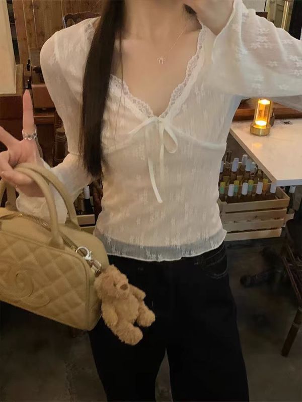 Pure Desire Hot Girl Bow V-neck Lace Top Women's Short Slim Fit Versatile Bottoming Long Sleeve T-Shirt