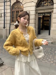 Real shot of retro soft waxy round neck long-sleeved twist sweater + lace stitching slimming bottoming shirt + corduroy wide-leg pants