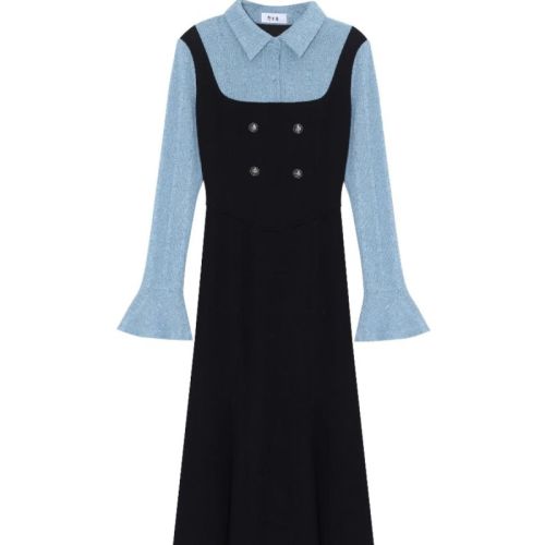 Half mouth fairy college style commuter splicing contrast dress autumn and winter new fake two-piece lapel knitted skirt