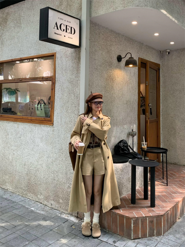 French British style retro long double-breasted trench coat