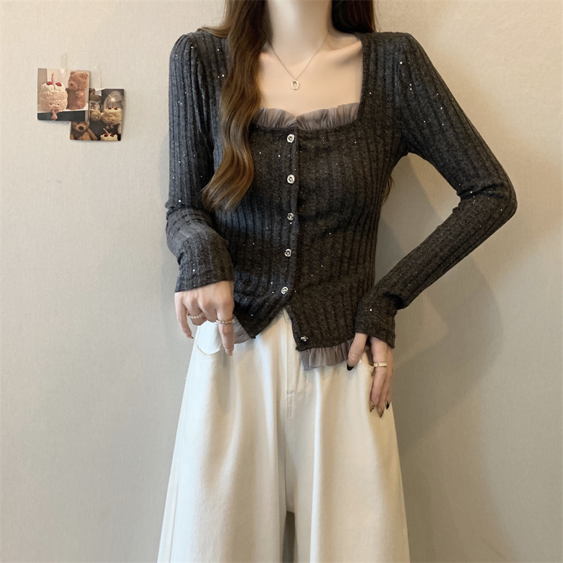 Large size autumn and winter design French pure desire splicing square neck slim waist slimming sweater top for women
