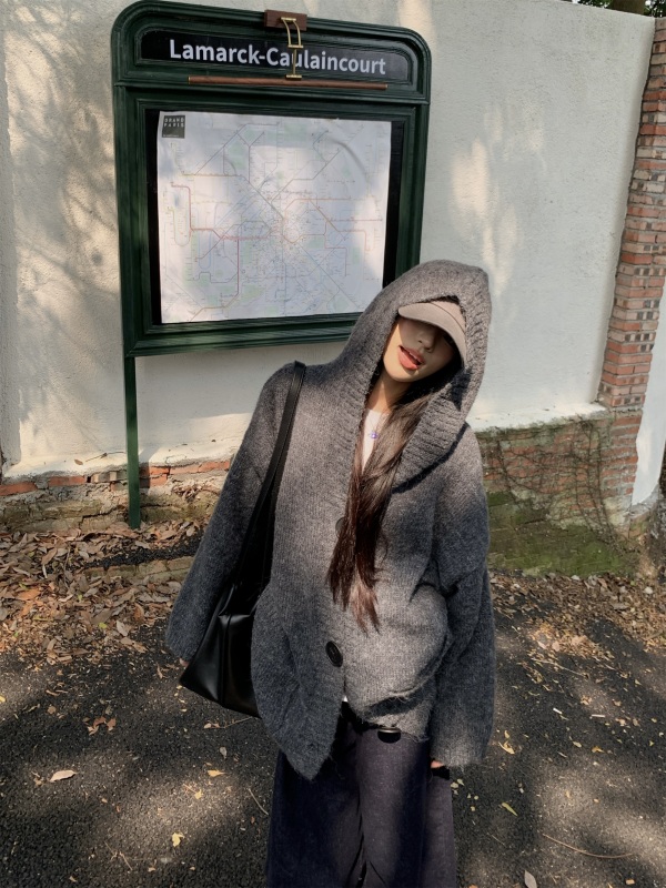 Large size Korean style relaxed hooded knitted lazy style cardigan