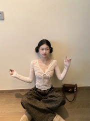 Retro design V-neck bow waist slimming lace top