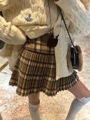 Wool Pleated Gingham Short Skirt for Women 2024 Autumn New College Style Wool Blend High-Waisted Skirt for Petite Women Gingham Semi-Body Skirt