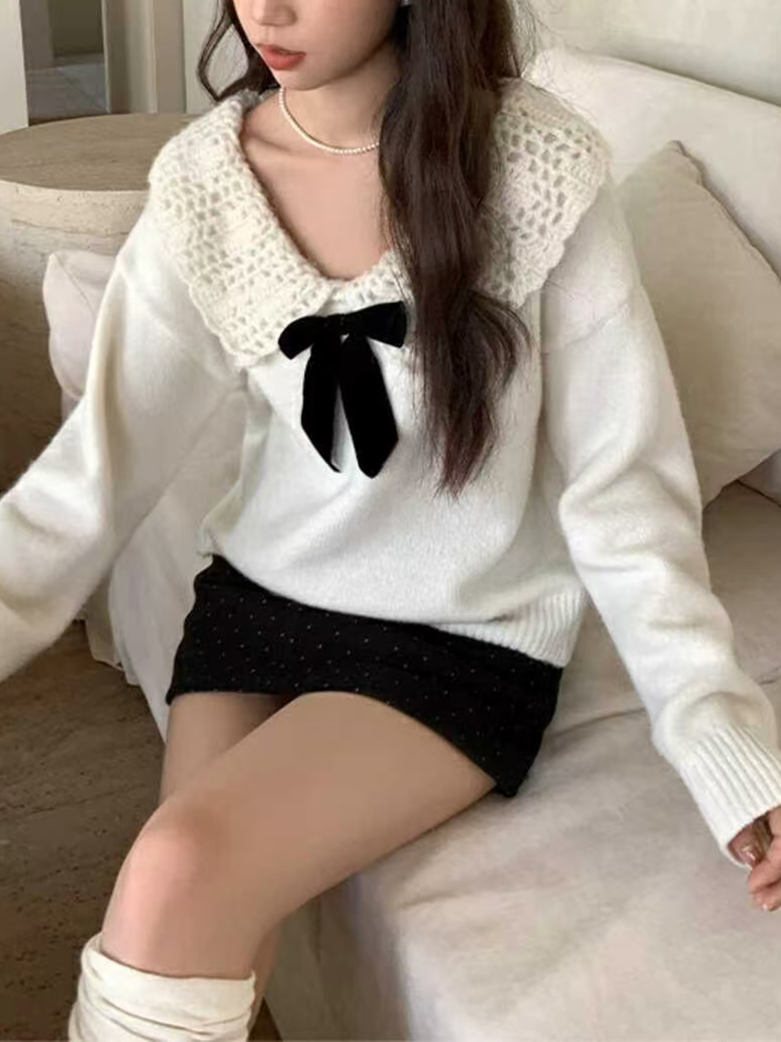 娃娃領鈎花蝴蝶結針織衫寬鬆小眾毛衣