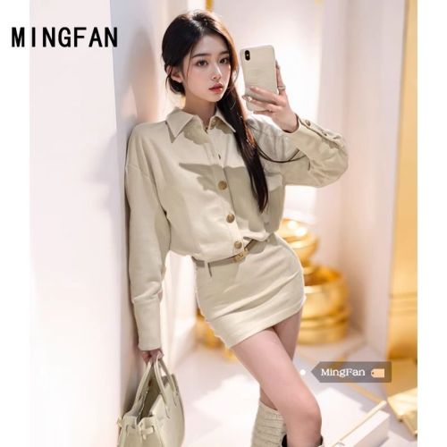 2024 new autumn women's fashionable hip-hugging shirt dress Polo collar waist slimming long-sleeved dress short skirt