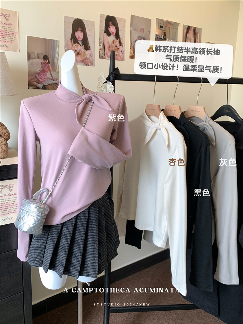 Actual shot of the new Korean style half turtleneck brushed thin velvet knotted long-sleeved T-shirt for autumn and winter.