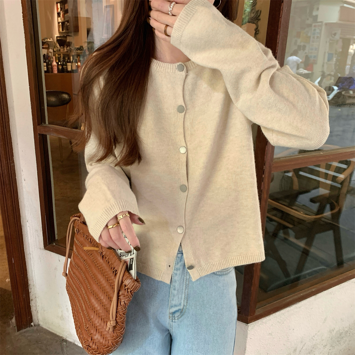 Real shot of autumn and winter Korean style round neck versatile loose Andy velvet sweater long-sleeved cardigan sweater jacket